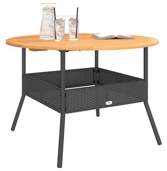 Fekete polyrattan kerti asztal akácfa lappal Ø110 x 71 cm