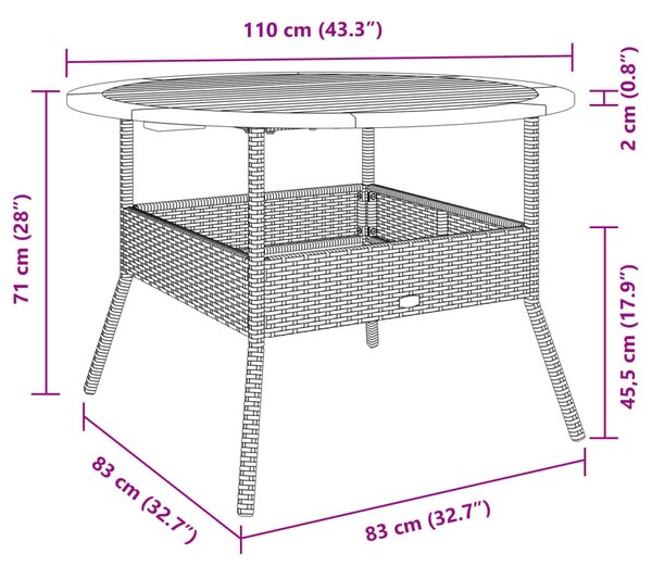Fekete polyrattan kerti asztal akácfa lappal Ø110 x 71 cm