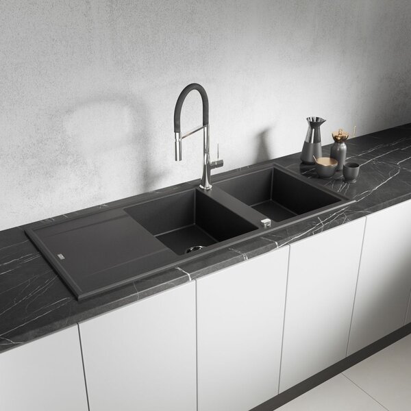 Laveo Megalo, 2 kamrás gránit mosogató 1160x500x185 mm hosszú vízelvezetővel, fekete, LAV-SBE_721T