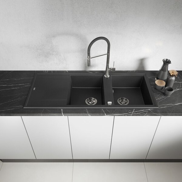 Laveo Megalo, 2 kamrás gránit mosogató 1160x500x185 mm hosszú vízelvezetővel, fekete, LAV-SBE_721T