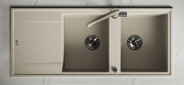 Laveo Megalo, 2 kamrás gránit mosogató 1160x500x185 mm hosszú vízelvezetővel, bézs, LAV-SBE_421T
