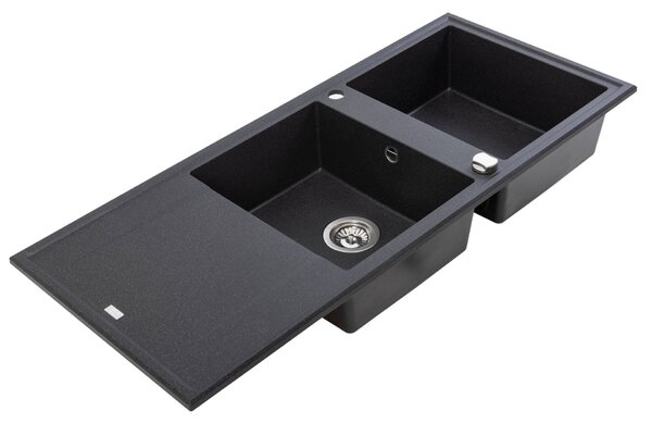 Laveo Megalo, 2 kamrás gránit mosogató 1160x500x185 mm hosszú vízelvezetővel, fekete, LAV-SBE_721T