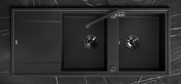 Laveo Megalo, 2 kamrás gránit mosogató 1160x500x185 mm hosszú vízelvezetővel, fekete, LAV-SBE_721T
