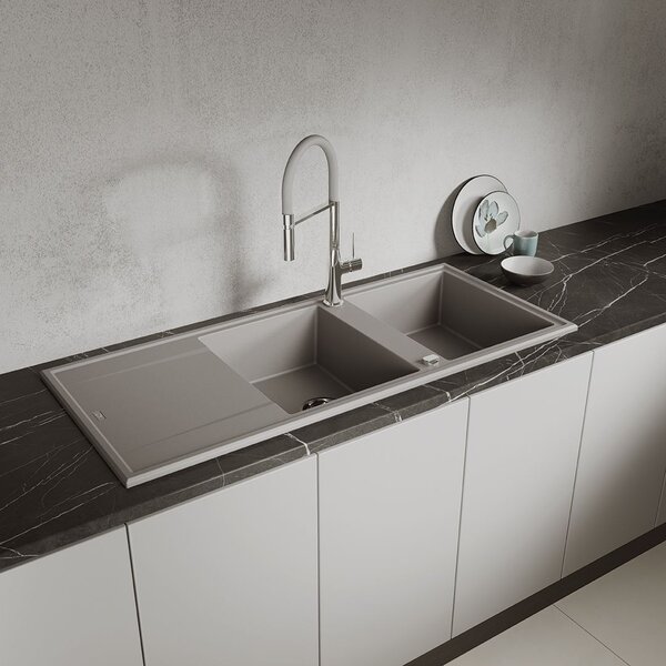 Laveo Megalo, 2 kamrás gránit mosogató 1160x500x185 mm hosszú vízelvezetővel, szürke, LAV-SBE_521T