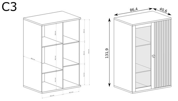 Aldabra Cali C-3 komód-vitrin, tölgy, (fekete fém lábak és LED-ek nélkül)