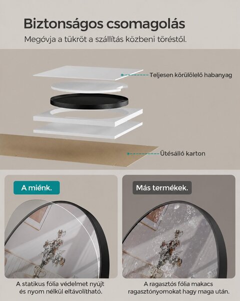 Modern fali tükör, kerek tükör, 61 cm átmérő, fekete