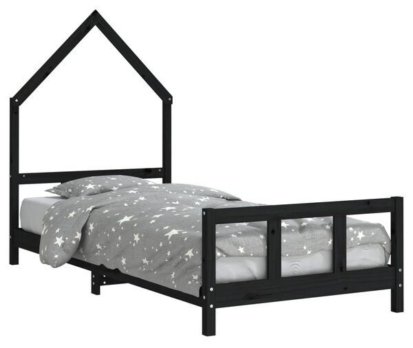 Fekete tömör fenyőfa gyerekágykeret 90 x 200 cm
