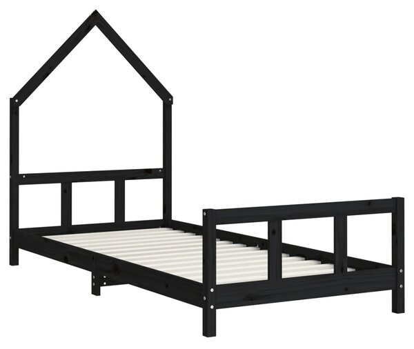 Fekete tömör fenyőfa gyerekágykeret 90 x 200 cm