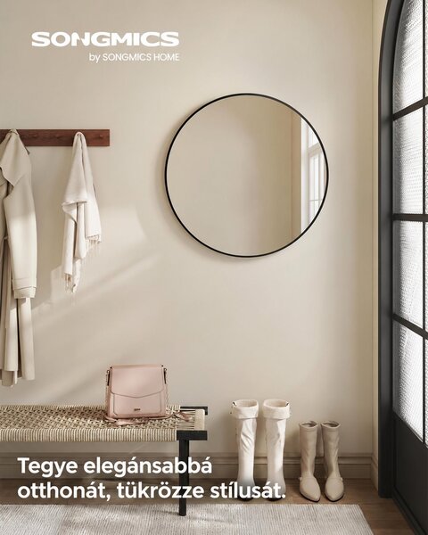 Modern fali tükör, kerek tükör, 61 cm átmérő, fekete