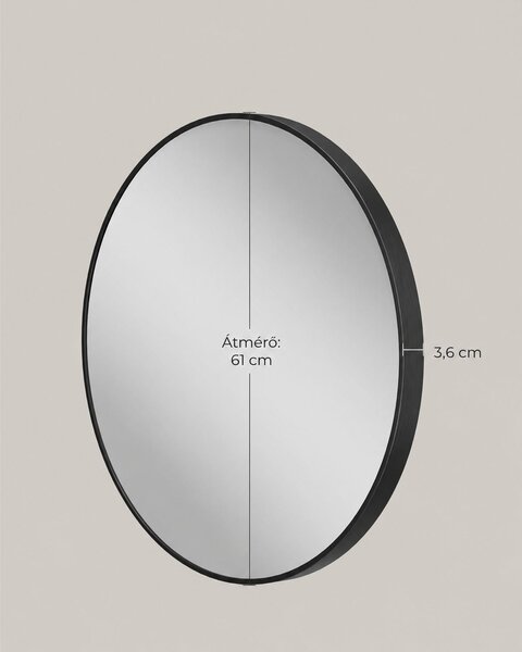 Modern fali tükör, kerek tükör, 61 cm átmérő, fekete