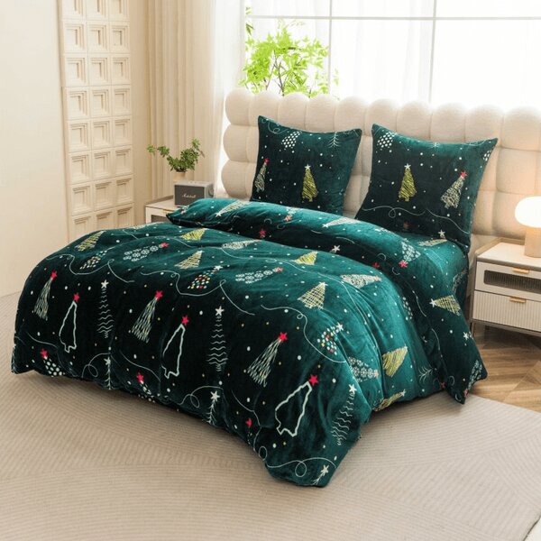 Mikroplüss ágyneműhuzat szett CHRISTMAS DRIFT zöld + Mikroplüss lepedő SOFT 90x200 cm fehér, egyszemélyes