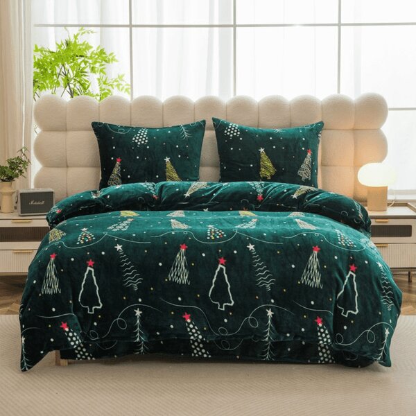 Mikroplüss ágyneműhuzat szett CHRISTMAS DRIFT zöld + Mikroplüss lepedő SOFT 90x200 cm fehér, egyszemélyes