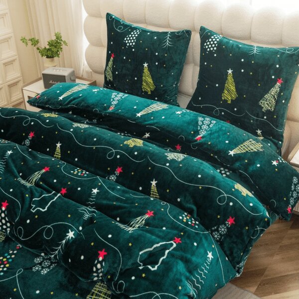 Mikroplüss ágyneműhuzat szett CHRISTMAS DRIFT zöld + Mikroplüss lepedő SOFT 90x200 cm fehér, egyszemélyes