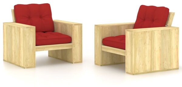 VidaXL 2 db impregnált fenyőfa kerti szék piros párnákkal