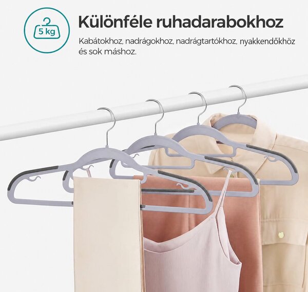 Csúszásmentes nagy teherbírású műanyag vállfák 50 db-os csomag, világos és sötétszürke