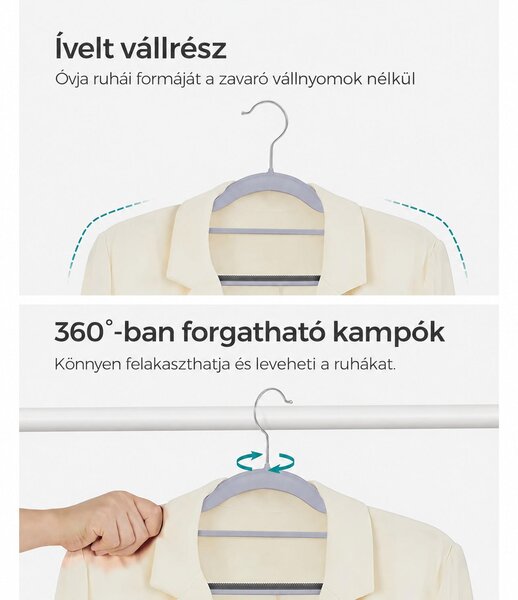 Csúszásmentes nagy teherbírású műanyag vállfák 50 db-os csomag, világos és sötétszürke
