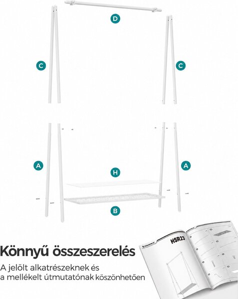 Ruhatartó állvány akasztórúddal és polccal, 33,5 × 92,5 × 153 cm, fehér színben