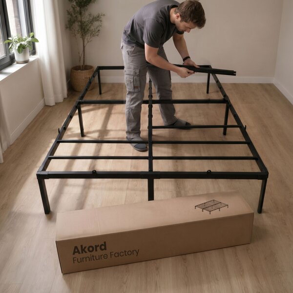 AKORD Furniture Factory Fém Ágyváz 140x200 cm Fekete Összecsukható 9 Lábbal és 20 Léccel