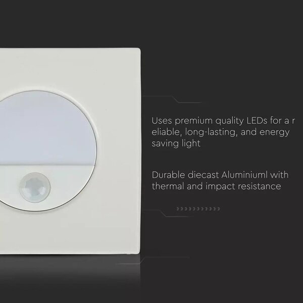 V-TAC 3W beltéri LED lépcsővilágítás, mozgásérzékelővel, természetes fehér - SKU 5570