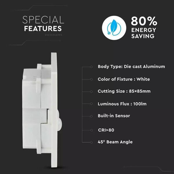 V-TAC 3W beltéri LED lépcsővilágítás, mozgásérzékelővel, természetes fehér - SKU 5570