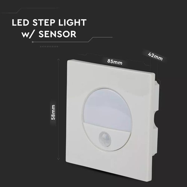 V-TAC 3W beltéri LED lépcsővilágítás, mozgásérzékelővel, természetes fehér - SKU 5570