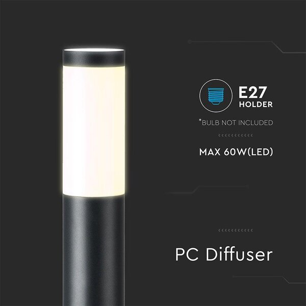 V-TAC kültéri, rozsdamentes acél, fekete állólámpa, 80 cm, E27 foglalattal - SKU 8978