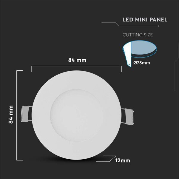 V-TAC süllyeszthető kerek fémházas LED panel 3W meleg fehér - SKU 216292