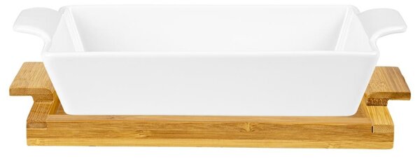 ASTOREO Kerámia sütőtál, szögletes - fehér, bambusz - Méretet 31 x 16,5 x 5,8 cm