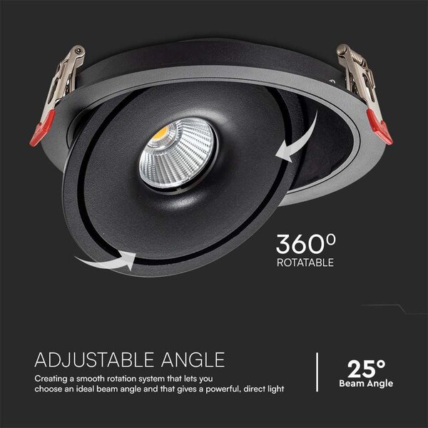 V-TAC 20W süllyeszthető COB LED mélysugárzó, állítható szöggel, fekete házzal, CCT - SKU 10580