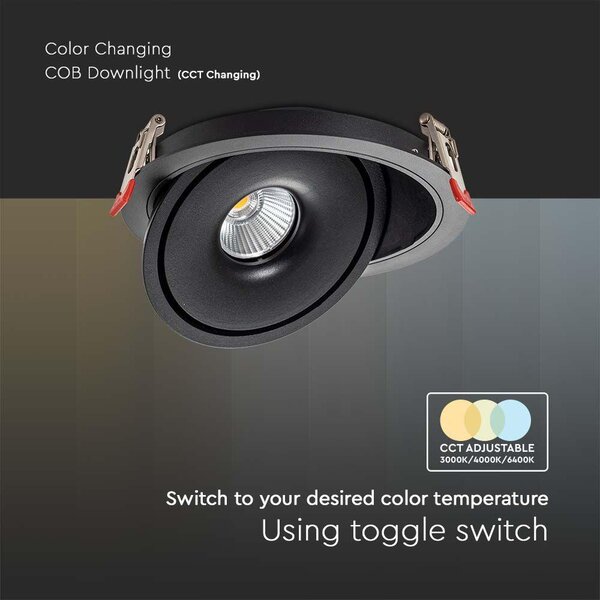 V-TAC 20W süllyeszthető COB LED mélysugárzó, állítható szöggel, fekete házzal, CCT - SKU 10580