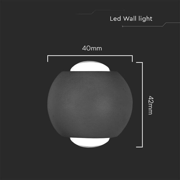 V-TAC mini 2W kültéri fali COB LED lámpa, 2 irányú gömb, fekete házzal, meleg fehér - SKU 10584