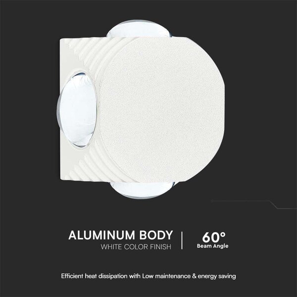 V-TAC mini 4W kültéri fali COB LED lámpa, 4 irányú kerek, fehér házzal, meleg fehér - SKU 10589