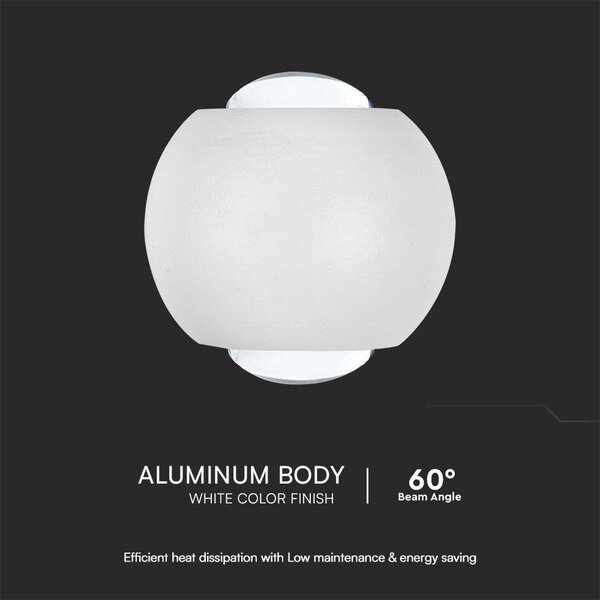V-TAC mini 2W kültéri fali COB LED lámpa, 2 irányú gömb, fehér házzal, meleg fehér - SKU 10585