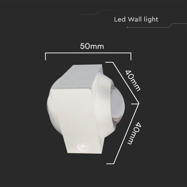 V-TAC mini 2W kültéri fali COB LED lámpa, 2 irányú szögletes, fehér házzal, meleg fehér - SKU 23029