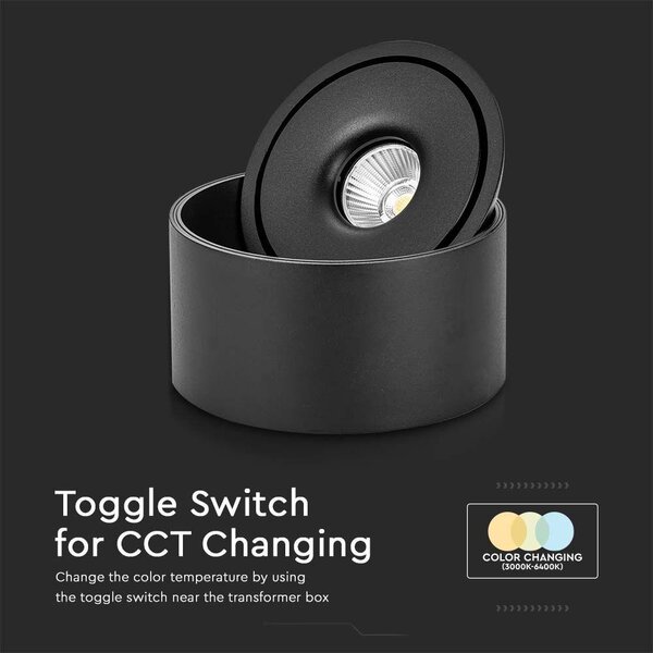 V-TAC 20W mennyezeti COB LED mélysugárzó, állítható szöggel, fekete házzal, CCT - SKU 23156