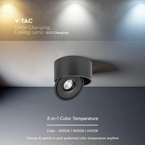 V-TAC 20W mennyezeti COB LED mélysugárzó, állítható szöggel, fekete házzal, CCT - SKU 23156
