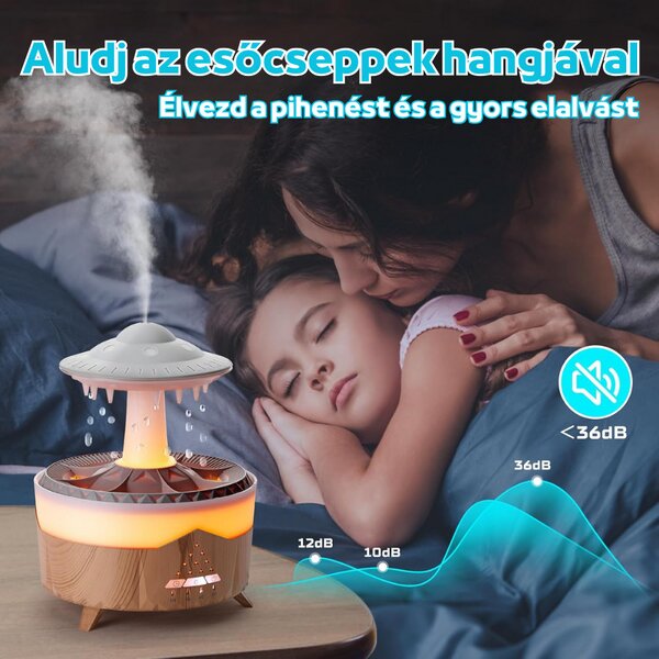 Színes Esőcsepp Aromaterápiás Diffúzor Színes Fényekkel, Vízcseppekkel, Távirányítóval és Időzítővel - Világos Fa