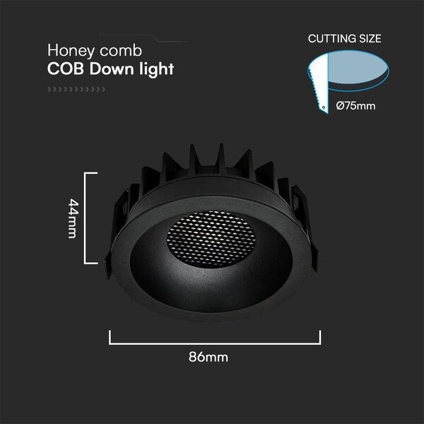 V-TAC COB LED 12W CCT méhsejt diffúzoros mélysugárzó, fekete, BridgeLUX chipes - SKU 23671
