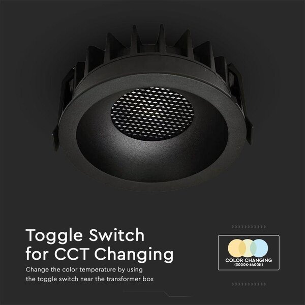 V-TAC COB LED 12W CCT méhsejt diffúzoros mélysugárzó, fekete, BridgeLUX chipes - SKU 23671