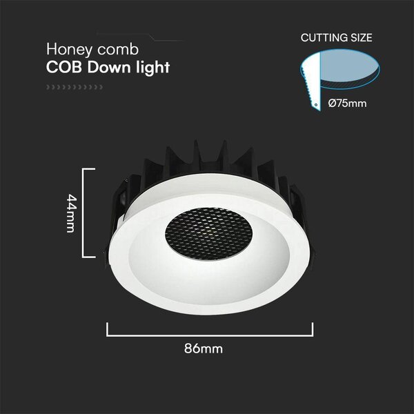 V-TAC COB LED 12W CCT méhsejt diffúzoros mélysugárzó, fehér, BridgeLUX chipes - SKU 23672