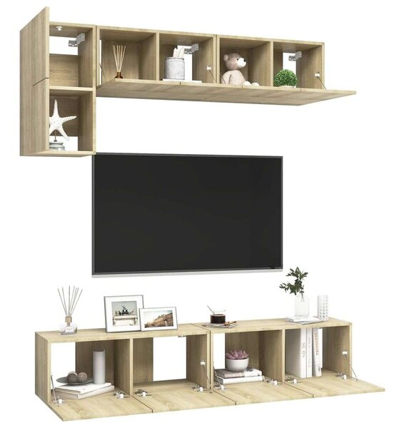 5 részes Fali TV Szekrény - Sonoma Tölgy - Modern Design