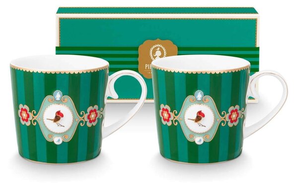 Szett/2 Bögre kicsi Love Birds medallion smaragd-zöld csíkos