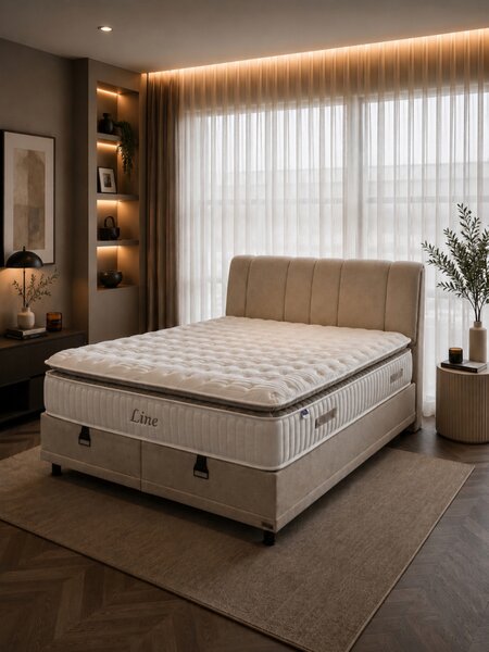 Livora Line Ágyneműtartós Ágykeret és 7 Zónás Táskarugós Matrac Szett - 160x200x34 cm - Comfort Párnás Táskarugós Matrac