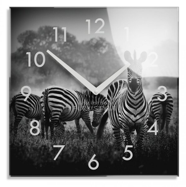Dekoratív fekete-fehér üvegóra zebrákkal, 30 cm