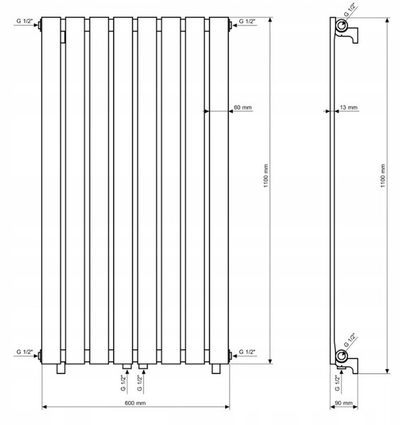 Gamma Vertical, fűtőelem 600x1100 mm, 737 W, matt fekete, GMA-VERT-11060-BK