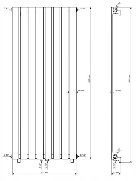 Gamma Vertical, fűtőelem 600x1400 mm, 916 W, matt fekete, GMA-VERT-14060-BK