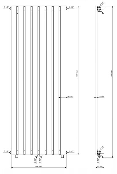 Gamma Vertical, fűtőelem 600x1600 mm, 1036 W, matt fekete, GMA-VERT-16060-BK