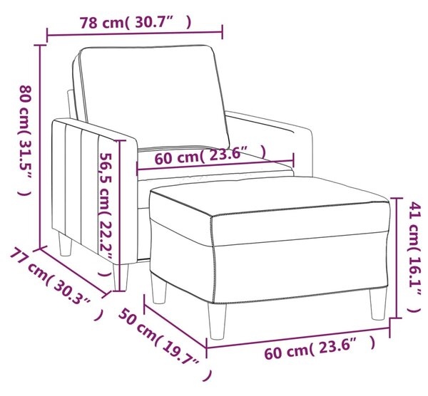 Világosszürke bársony kanapéfotel lábtartóval 60 cm