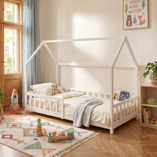 Házikó gyerekágy Hesel Montessori stílusban leesésgátlóval 90x200 cm fehér [en.casa]