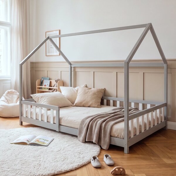 Házikó gyerekágy Hesel Montessori stílusban leesésgátlóval 120x200 cm szürke/fehér [en.casa]
